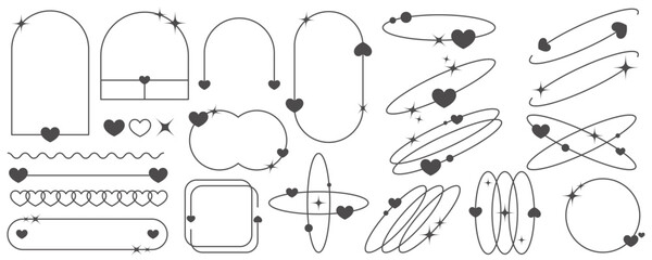 Aesthetic shapes with stars and hearts. Minimal vector lines with sparkles. Abstract modern geometric boho collection. Y2k set