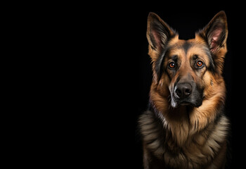 Captivating Close-up of a German Shepherd Dog Against a Black Background. Panorama banner with copy space