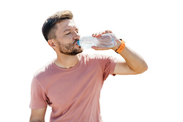 A male athlete drinks clean water from a bottle of athlete, sportswear and a break.  Transparent...