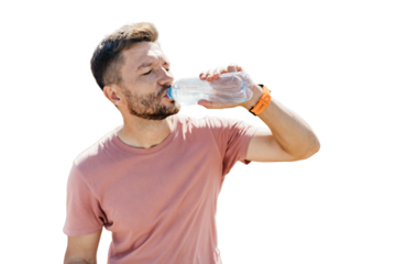 A male athlete drinks clean water from a bottle of athlete, sportswear and a break.  Transparent background, png.