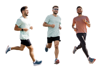 A collage depicting a man jogging full-length. Cardio training in fitness clothes.   An athlete performing a workout in running shoes. Uses a smart fitness watch.   Transparent background, png.