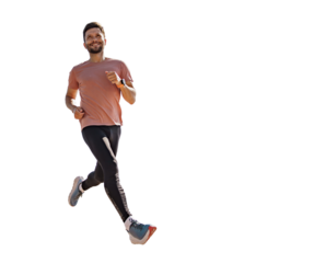 A man jogging alone at full height. An athlete performing a workout in running shoes. Uses a smart fitness watch.  Cardio training in fitness clothes.    Transparent background, png.
