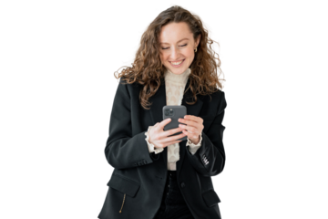 A young woman sends a message using the app. A business woman in a jacket in the office uses the phone, communicates with a client.  Transparent background, png.