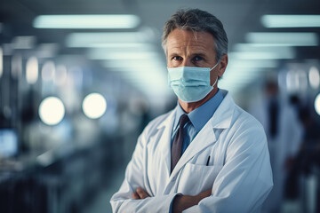 Fototapeta na wymiar Confident senior male doctor in medical mask and white coat standing in hospital looking at camera, copy space. Medicine and healthcare theme