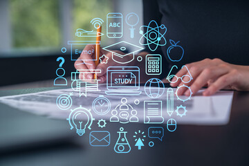 Businesswoman in formal wear taking notes signing contract at office workplace. Concept of important working moments, document sign, working process, concentration. Hands shot. Education hologram