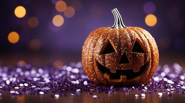Generative AI, Halloween glitter background with pumpkin. Orange and violet colors, holiday concept with copy space