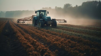 Tractor combine harvester spraying pesticides on soil field with sprayer at spring. Agriculture transport sprayed fertilizer on the farming field.