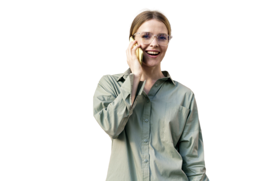 A young woman is talking on the phone. A business woman with glasses uses a phone, communicates with a client.  Transparent background, png.