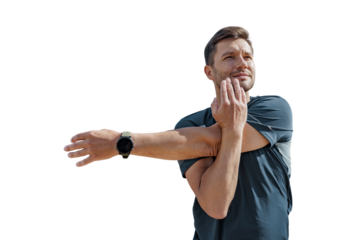 A male athlete doing a workout uses a smart fitness watch. Cardio exercises in fitness clothing.    Transparent background, png.