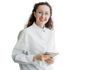 The student is a smart smiling young woman with curly hair in a white shirt and glasses. A freelancer employee in the office uses a tablet. Transparent background, png.