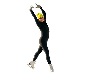 Skating a young woman engaged in figure skating, in comfortable sportswear and a yellow cap, a winter sport, full-length, a place to copy. Transparent background, png. © muse studio