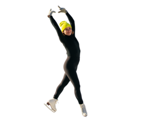 Skating a young woman engaged in figure skating, in comfortable sportswear and a yellow cap, a winter sport, full-length, a place to copy. Transparent background, png.