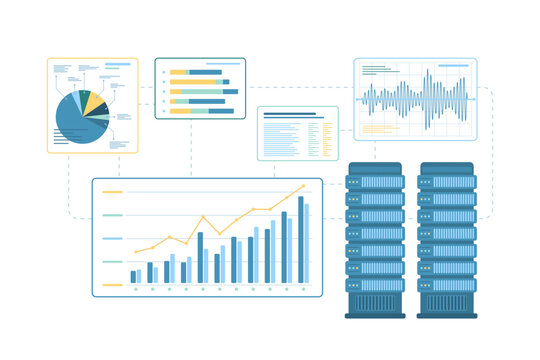 Data research, storage and monitoring with server system vector illustration. Cartoon isolated infographic chart with hardware equipment to upload and exchange information, monitor report analysis