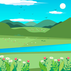 Fototapeta na wymiar spring flower and river with mountains background
