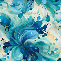 Fototapeta na wymiar Seamless pattern blue watercolor blueberries scattered amidst swirling teal and turquoise brushstrokes.