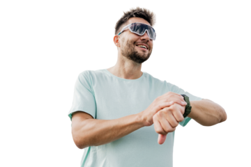 Uses a smartwatch for sports.  A sporty man with glasses exercises fitness, a confident man in a T-shirt smiles. Healthy lifestyle. Transparent background, PNG.