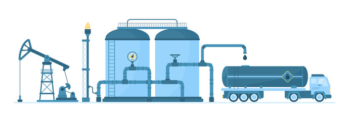 Oil industry vector illustration. Cartoon isolated infographic industrial objects, drilling rig for crude oil extraction, storage tank with pipelines and tower, truck with container for transportation
