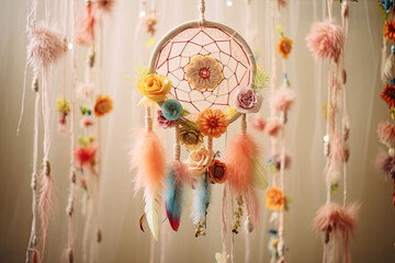 Close up of a pastel dream catcher  with flowers 