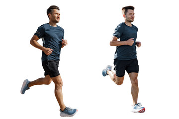 Collage runner male athlete jogging. Uses sports shoes for running. Exercise fitness, smiling...