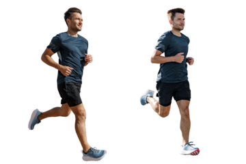 Collage runner male athlete jogging. Uses sports shoes for running. Exercise fitness, smiling confident man in a T-shirt. Healthy lifestyle. Transparent background, PNG.