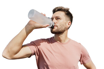 Drinking water from a bottle is a man doing an exercise in fitness clothes and sports running...