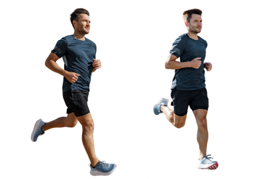 Collage runner male athlete jogging. Uses sports shoes for running. Exercise fitness, smiling confident man in a T-shirt. Healthy lifestyle. Transparent background, PNG.