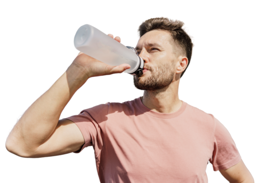 Drinking water from a bottle is a man doing an exercise in fitness clothes and sports running shoes, in full height. An athlete of summer sports. Transparent background, png.