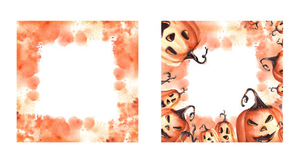 Fototapeta premium Happy Halloween pumpkin scary face. Square frame Set with orange watercolor stains. Autumn watercolor illustration hand painting on white background. Halloween celebration cards, flyer, banner