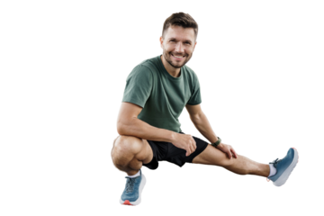 Training a man doing a jogging exercise in fitness clothes and sports running shoes, in full height. An athlete of summer sports. Transparent background, png.