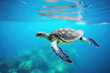 Fototapeta premium Baby turtle swimming in the clear blue ocean its way to freedom created with generative ai 