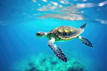 Obraz premium Baby turtle swimming in the clear blue ocean its way to freedom created with generative ai 