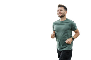 Runner male athlete jogging. Uses sports shoes for running. Exercise fitness, smiling confident man...