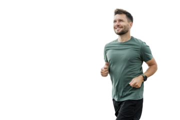 Runner male athlete jogging. Uses sports shoes for running. Exercise fitness, smiling confident man in a T-shirt. Healthy lifestyle. Transparent background, PNG.