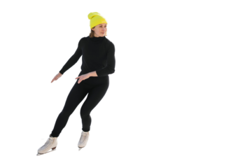Skating a young woman engaged in figure skating, in comfortable sportswear and a yellow cap, a winter sport, full-length, a place to copy. Transparent background, png.