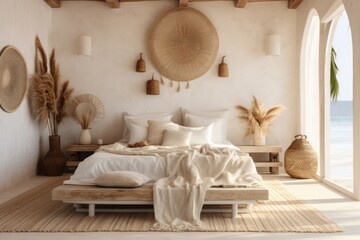 white boho style interior of hotel room by the beach. Interior design render.