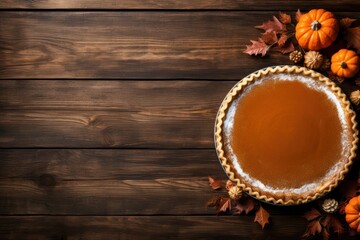 thanksgiving pumpkin pie on wooden table view from above