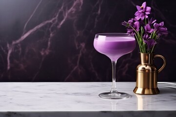 Purple cocktail on marble background. Ube ingredient violet cocktail.