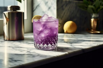 Purple cocktail on marble background. Ube ingredient violet cocktail.