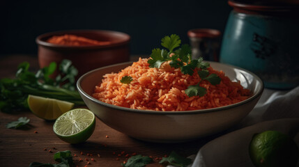 Mexican rice in a bowl with limes and cilantro.