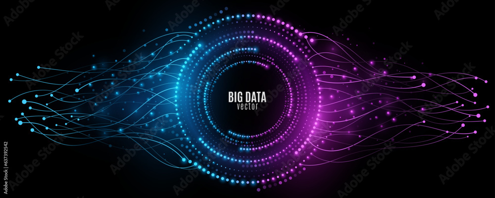 Poster digital circles of glowing dots with neural connectors. big data visualization into cyberspace. tech