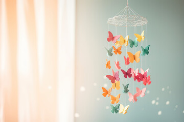A mobile with delicate butterflies in various colours and sizes.