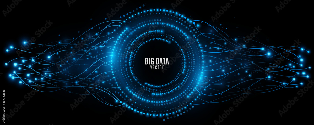 Poster digital circles of glowing blue dots with neural connectors. big data visualization into cyberspace.