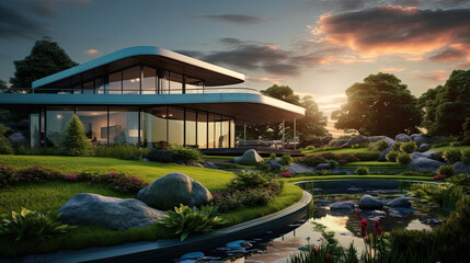 Modern glass house, green landscape, river garden, modern architecture