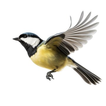 A small Great tit bird in flight with wings spread created with Generative AI technology