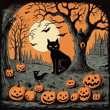 Vintage Halloween paper decoration black cat high quality ai generated image