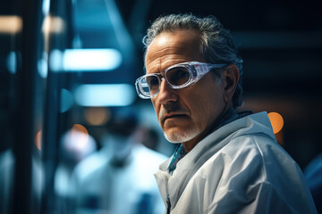 Obraz premium Scientist male doctor wearing safety glasses and white medical uniform in laboratory