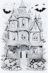 kids illustration, spooky halloween scene with ghosts pumpkins bats and old house in the background