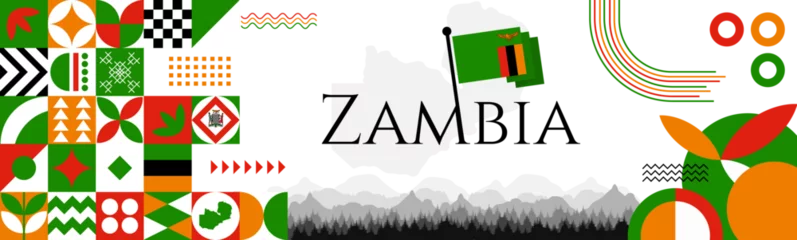 Foto op Aluminium The Zambia Independence Day abstract banner design with flag and map. Flag color theme geometric pattern retro modern Illustration design. Green, orange and yellow color template. © Hadducc