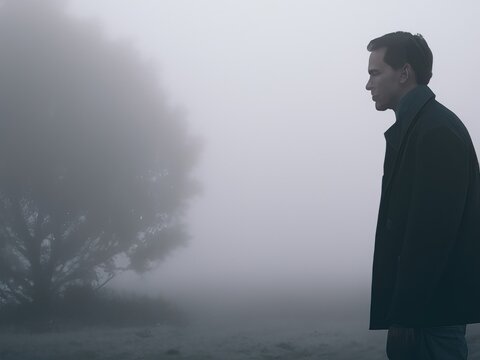 Mysterious man waiting in the fog