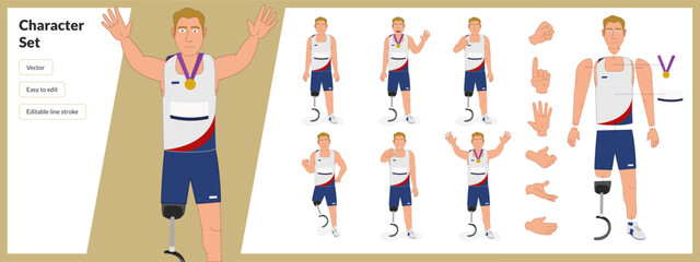 Illustration of male disabled athlete with medal in a set of multiple poses. Easy to edit with editable line strokes and isolated on white background. Suitable for animation. 